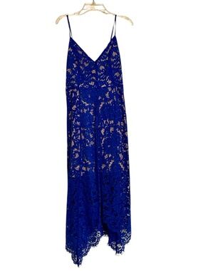 Lulus Blue Lace Vneck Handkerchief Skirt Midi Spaghetti Straps Zipper Small